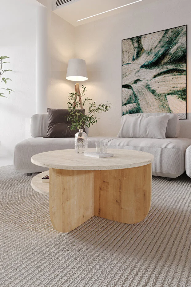 Rubo Orta Sehpa Raflı Iskandinav Orta Sehpa 72 Cm, Bohem - Traverten & Safir Meşe Rubo Orta Sehpa Raflı Iskandinav Orta Sehpa 72 Cm, Bohem - Traverten & Safir Meşe